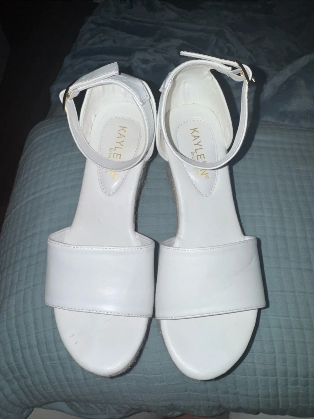 Kayleen by Los Angeles White Open-Toe Ankle-Strap Espadrille Wedge Sandals.